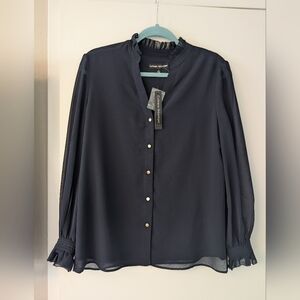 Catherine Malandrino Dark Blue-Black Blouse with Gold Buttons, Frilled Cuffs